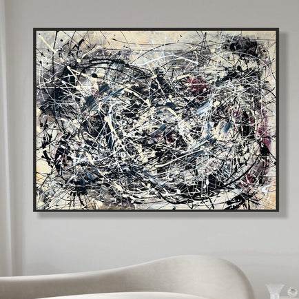 Large Jackson Pollock Style Acrylic Painting Original Horizontal Wall Hanging Artwork Decor for Home | GRAY CONFUSION