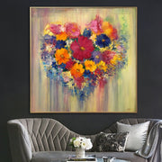 Flowers Heart Paintings On Canvas Love Wall Art Oversized Thick Colorful Oil Hand Art | BOUQUET OF LOVE