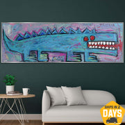 Abstract Blue Crocodile Paintings On Canvas Acrylic Expressionist Painting Street Graffiti Style Art Textured Oil Painting for Home | BLUE CROCODILE 19.7"x59" - Trend Gallery Art | Original Abstract