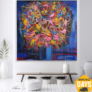 Exclusive Bouquet Of Flowers Original Handmade Paining Colorful Wall Art Frame Modern Abstract Painting Neo-Expressionism Contemporary Art | SHAPPIRE BOUQUET 46"x46" - Trend Gallery Art | Original Abstract Paintings
