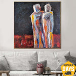 Large Abstract Couple Humans Paintings on Canvas Figurative Art Dark Original Painting Textured Art | RENDEZVOUS 46"x46"