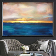 Sunset Painting Abstract Blue Ocean Wall Art Gold Horizon Fine Art Large Ocean Thick Paint Unique | SUMMER SUNSET - Trend Gallery Art | Original Abstract Paintings
